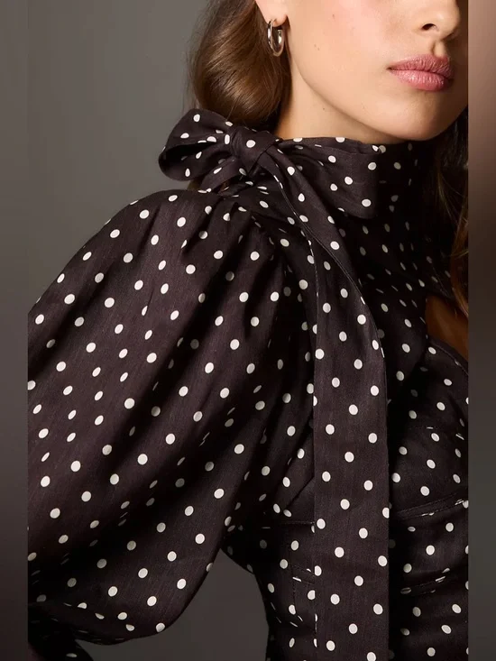 New Anthropologie Lovaan Danielle Linen Blend Polka Dot Long-Sleeve Blouse - Picture 4 of 10